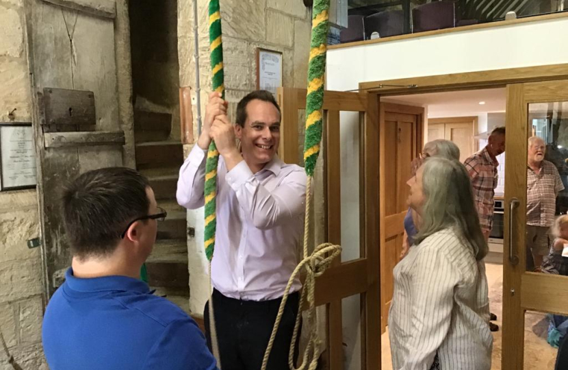 David tries out bell ringing with Tony and the Longcot Ringers