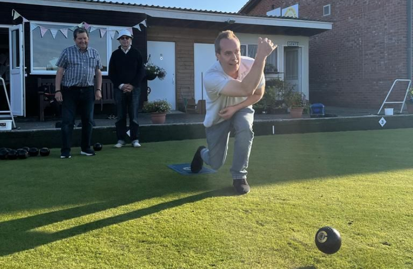 David tries bowling at the Harwell Bowls Club