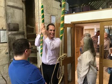 David tries out bell ringing with Tony and the Longcot Ringers