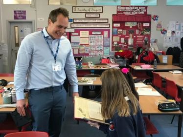 David answers questions at Faringdon Junior School